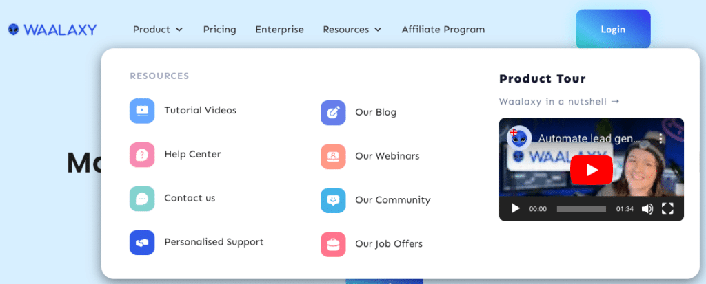Menu delle risorse di contenuto sulla landing page di Waalaxy