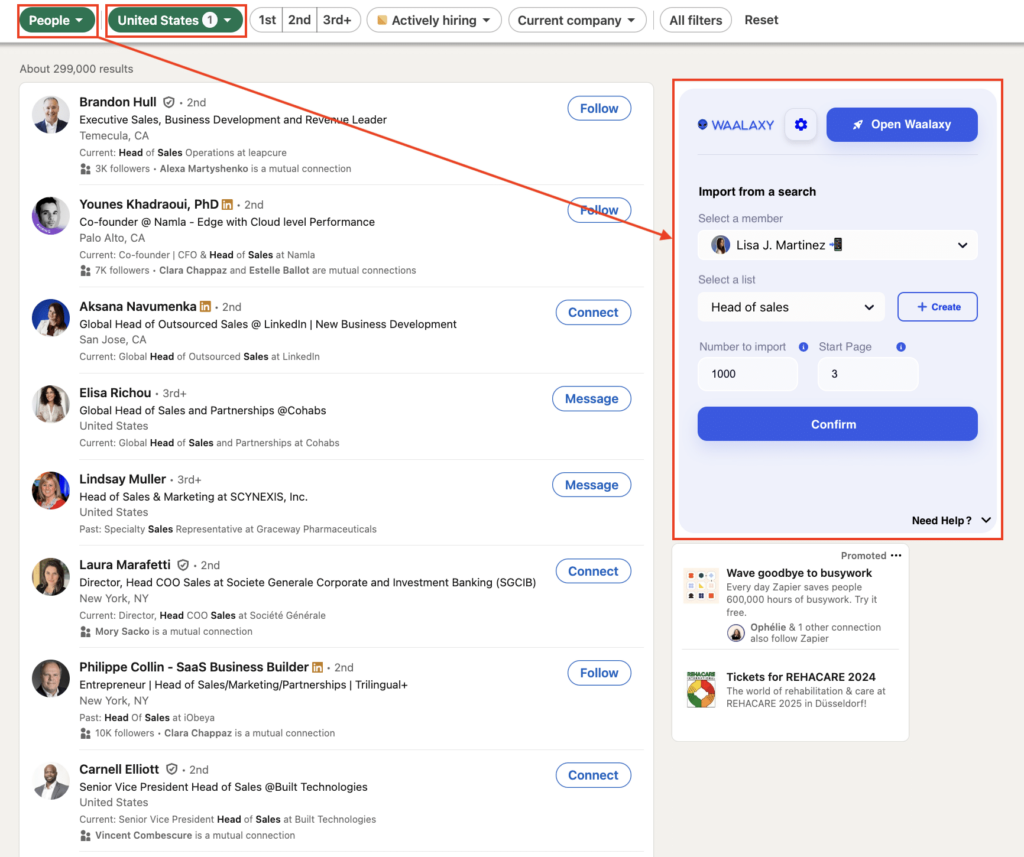 Suchen und importieren Sie Leads von LinkedIn in Waalaxy.