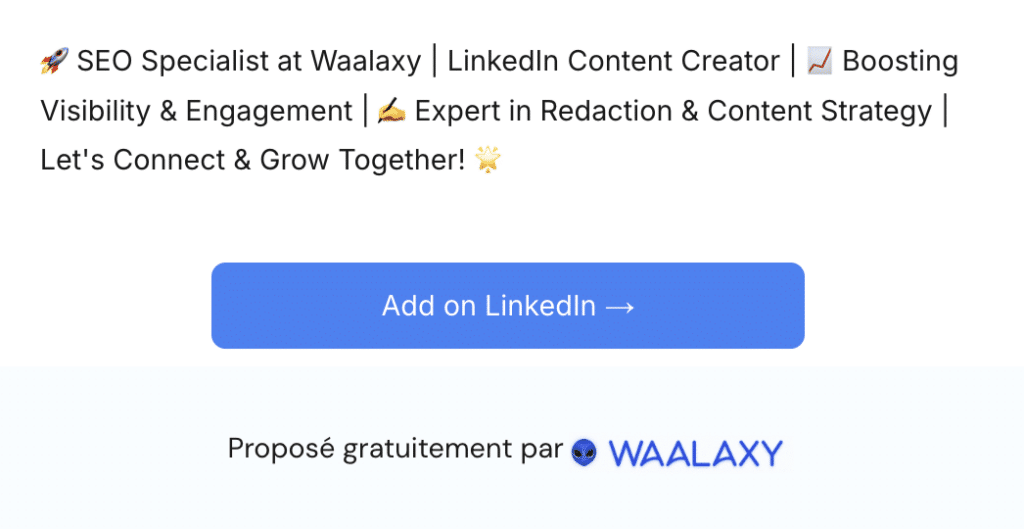 Examples of profile title results optimized with Waalaxy's LinkedIn Headline Generator.