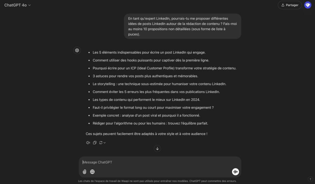 ChatGPT pour aider à trouver des idées de sujets LinkedIn.