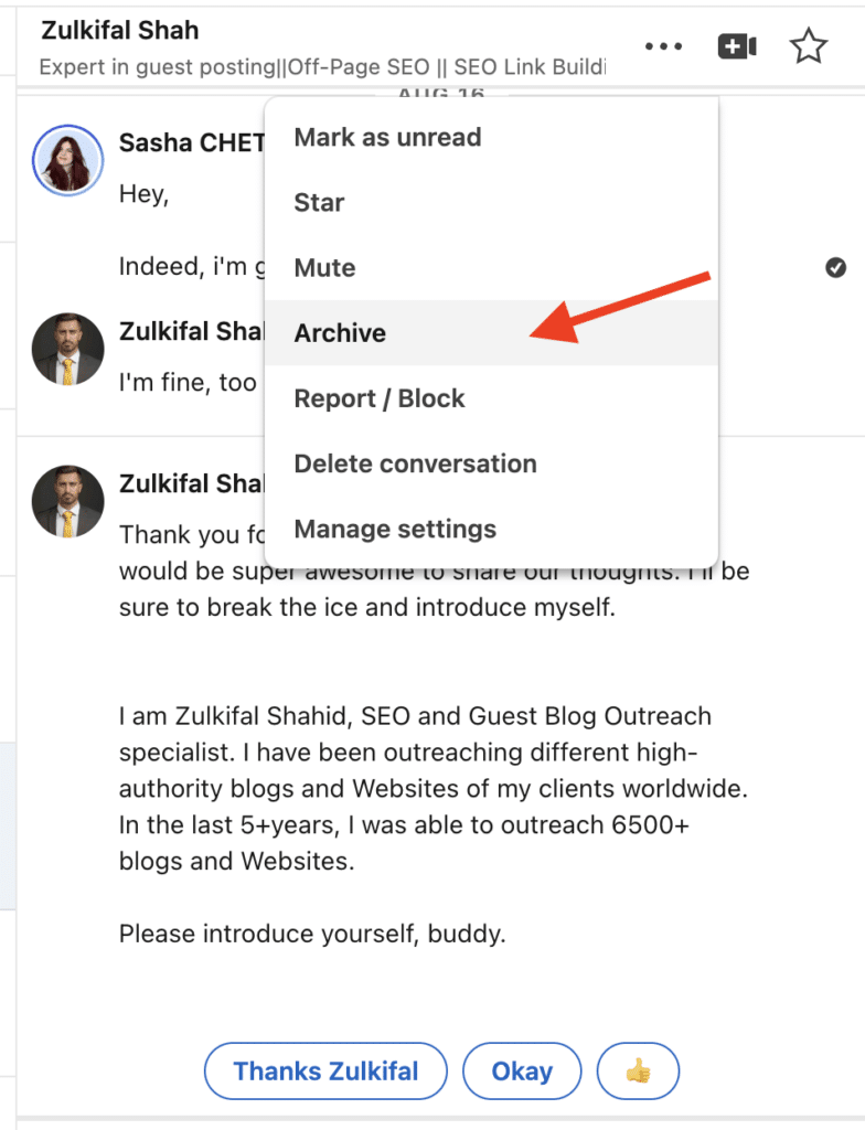 linkedin inbox - how to archive