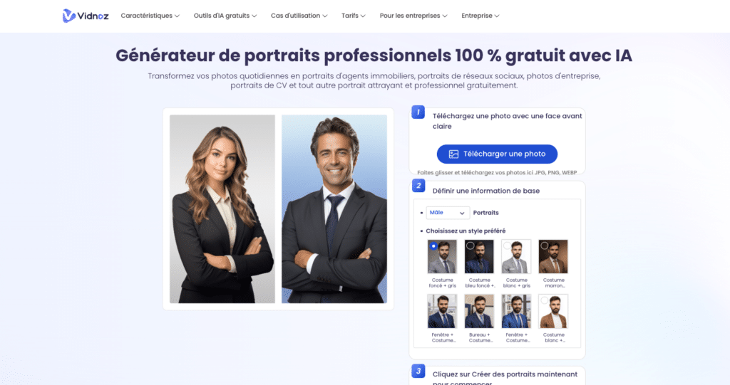 Générateur de photo LinkedIn IA gratuit : Vidnoz.