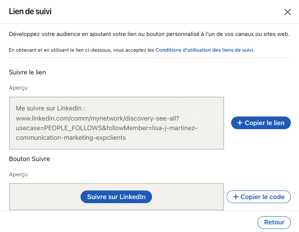 Mode créateur LinkedIn : Lien de suivi.
