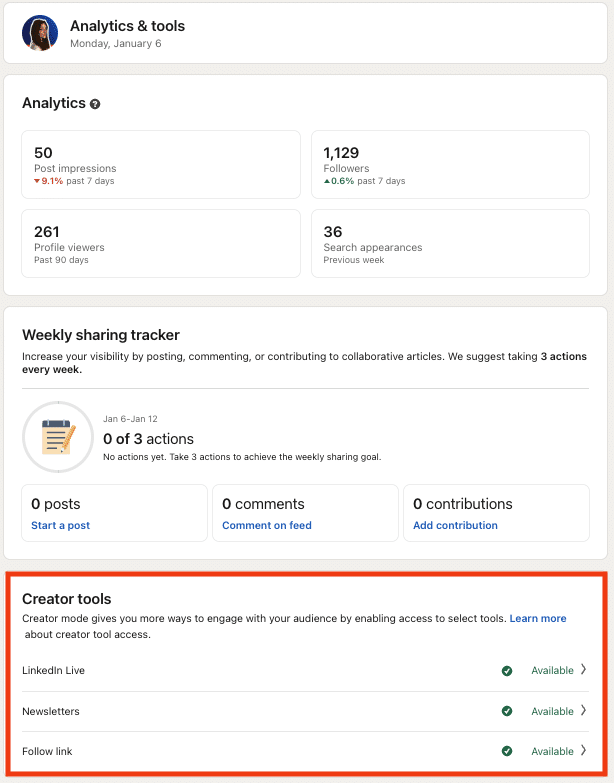 Access to LinkedIn content creation tools.