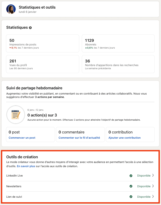 Accès outils de création.