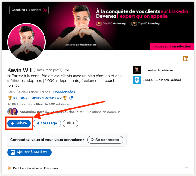 Mode créateur LinkedIn : Bouton "Suivre".