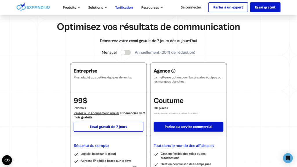 Expandi.io présentant des tarifs pour campagnes marketing, offrant un essai gratuit de 7 jours et mentionnant des options pour entreprises et agences.
