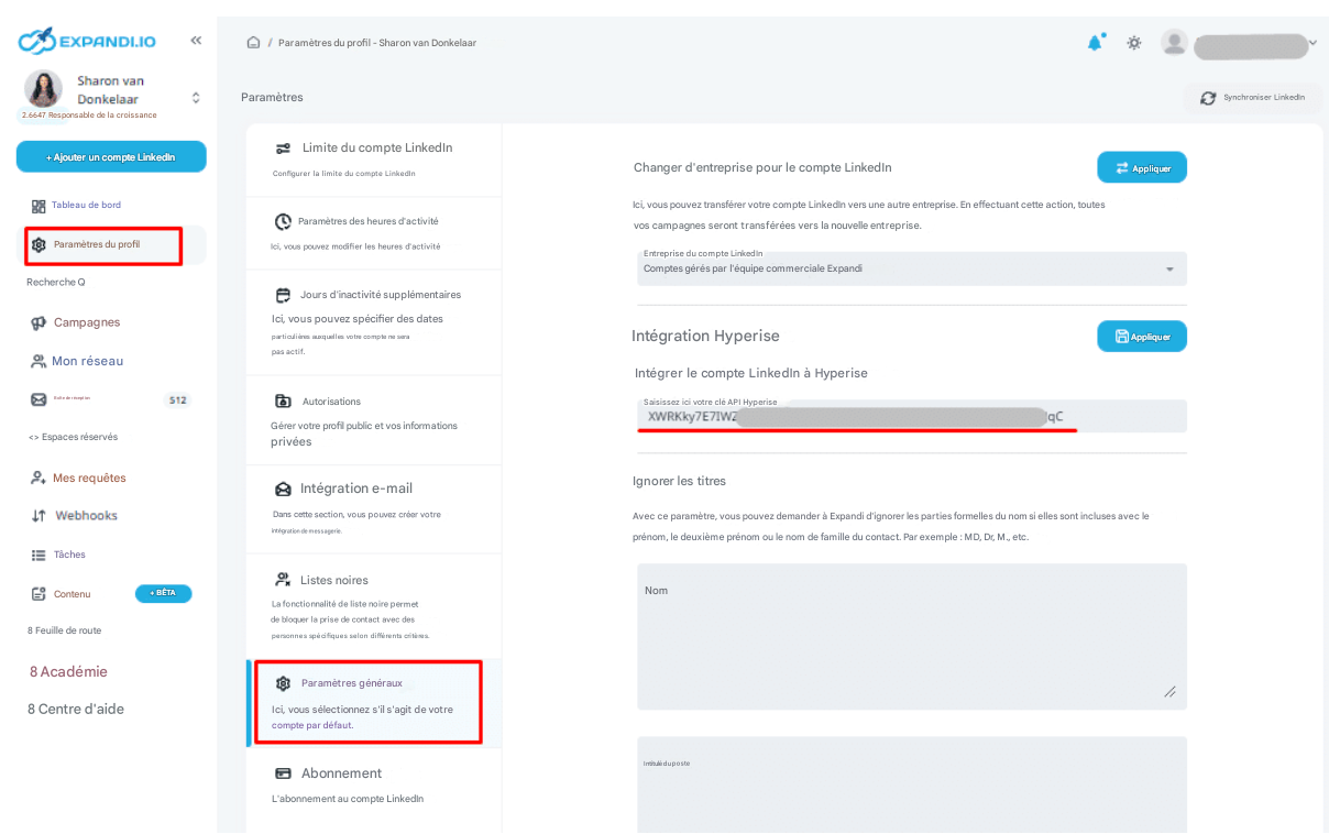 Paramètres campagnes Expandi