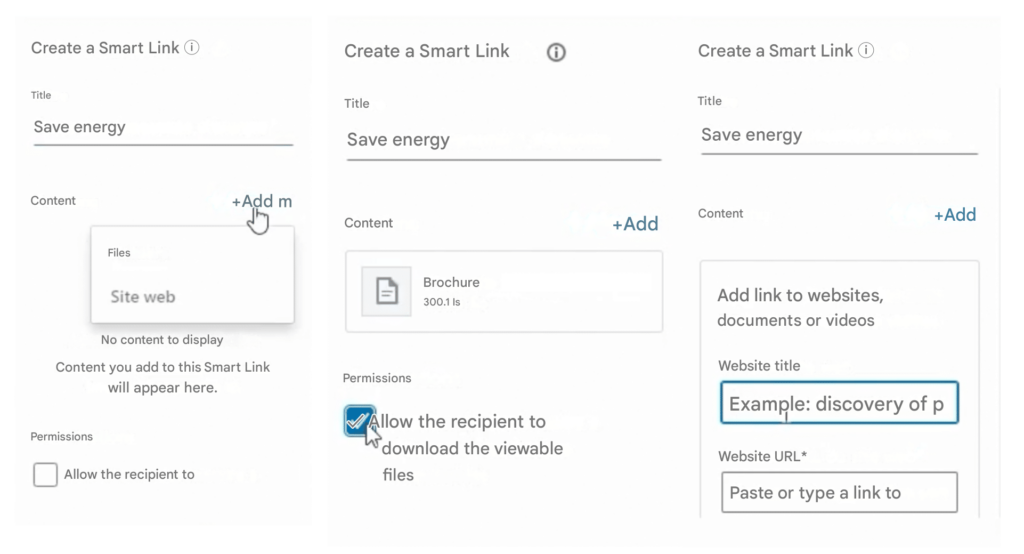 Adicione os seus ficheiros/ligações Web, personalize e pré-visualize os seus LinkedIn Smart Links.