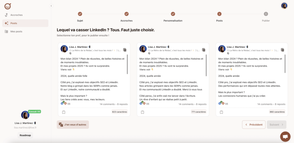 Choisir l'accroche du post LinkedIn générée par Kawaak.