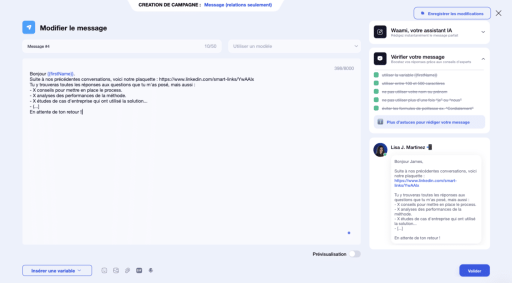 Exemple de Smart Links dans un message LinkedIn avec Waalaxy.