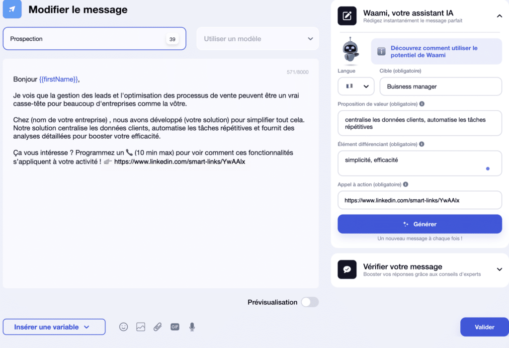 Exemple de message LinkedIn généré par Waami (avec smart link).
