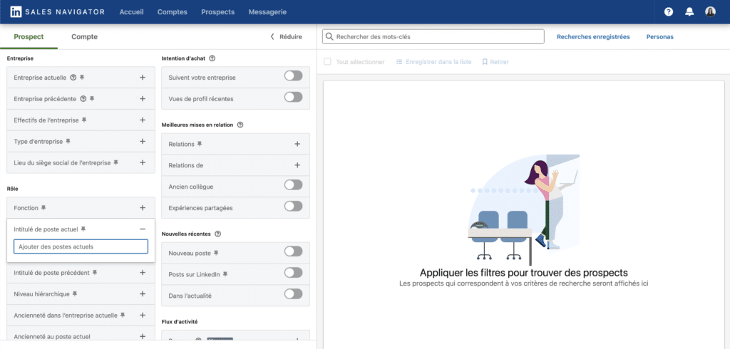 Filtres de recherche dans LinkedIn Sales navigator.