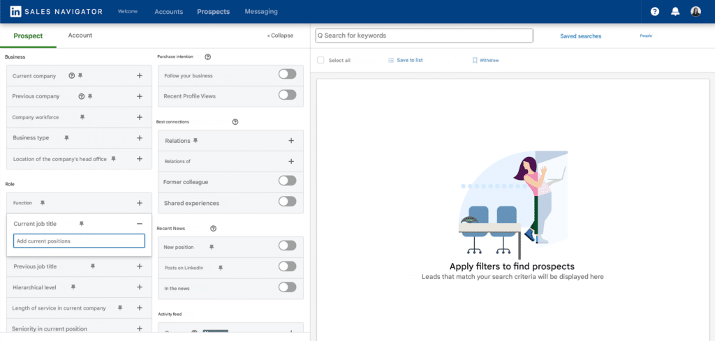 Search filters in LinkedIn Sales navigator.