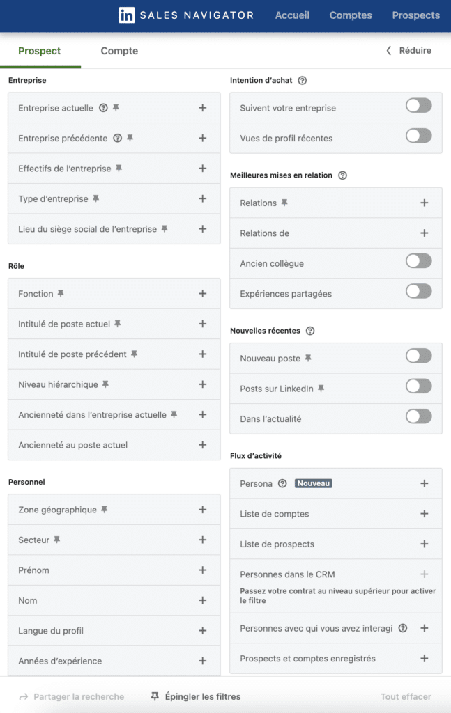 Filtres de recherche dans LinkedIn Sales navigator.