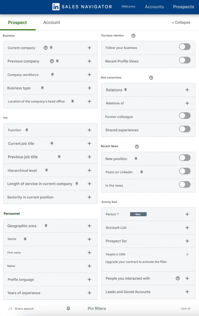 Search filters in LinkedIn Sales navigator.