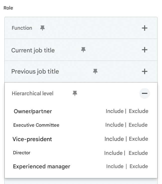 LinkedIn Sales Navigator filters: Hierarchy level.