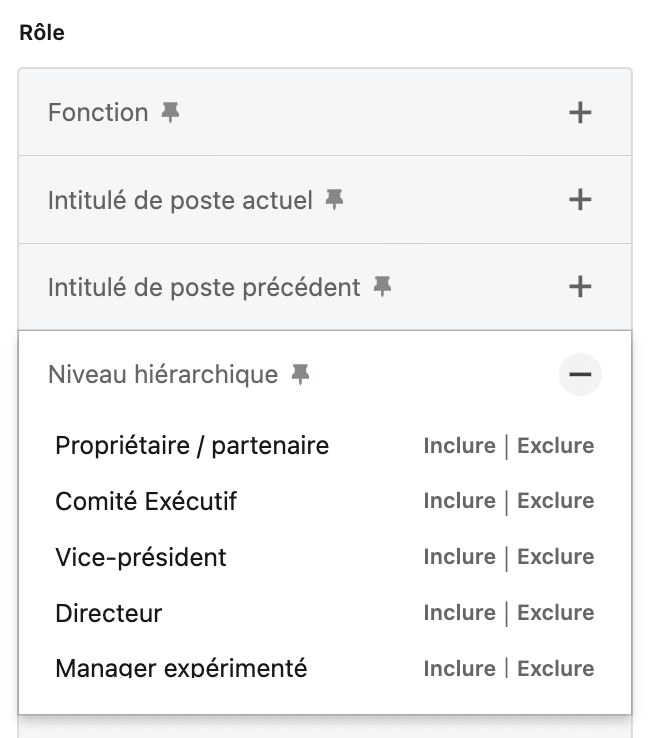 LinkedIn Sales Navigator filtres : Niveau hiérarchique.