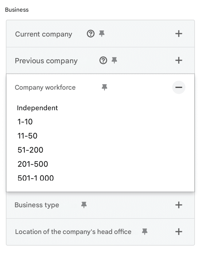 LinkedIn Sales Navigator filters: Company size.