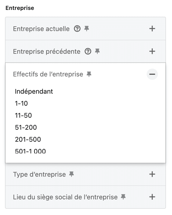 LinkedIn Sales Navigator filtres : Taille de l'entreprise.