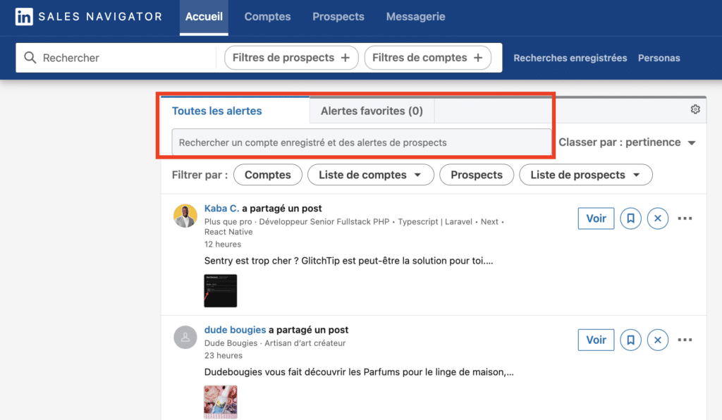 LinkedIn Sales Navigator : Les alertes personnalisées.