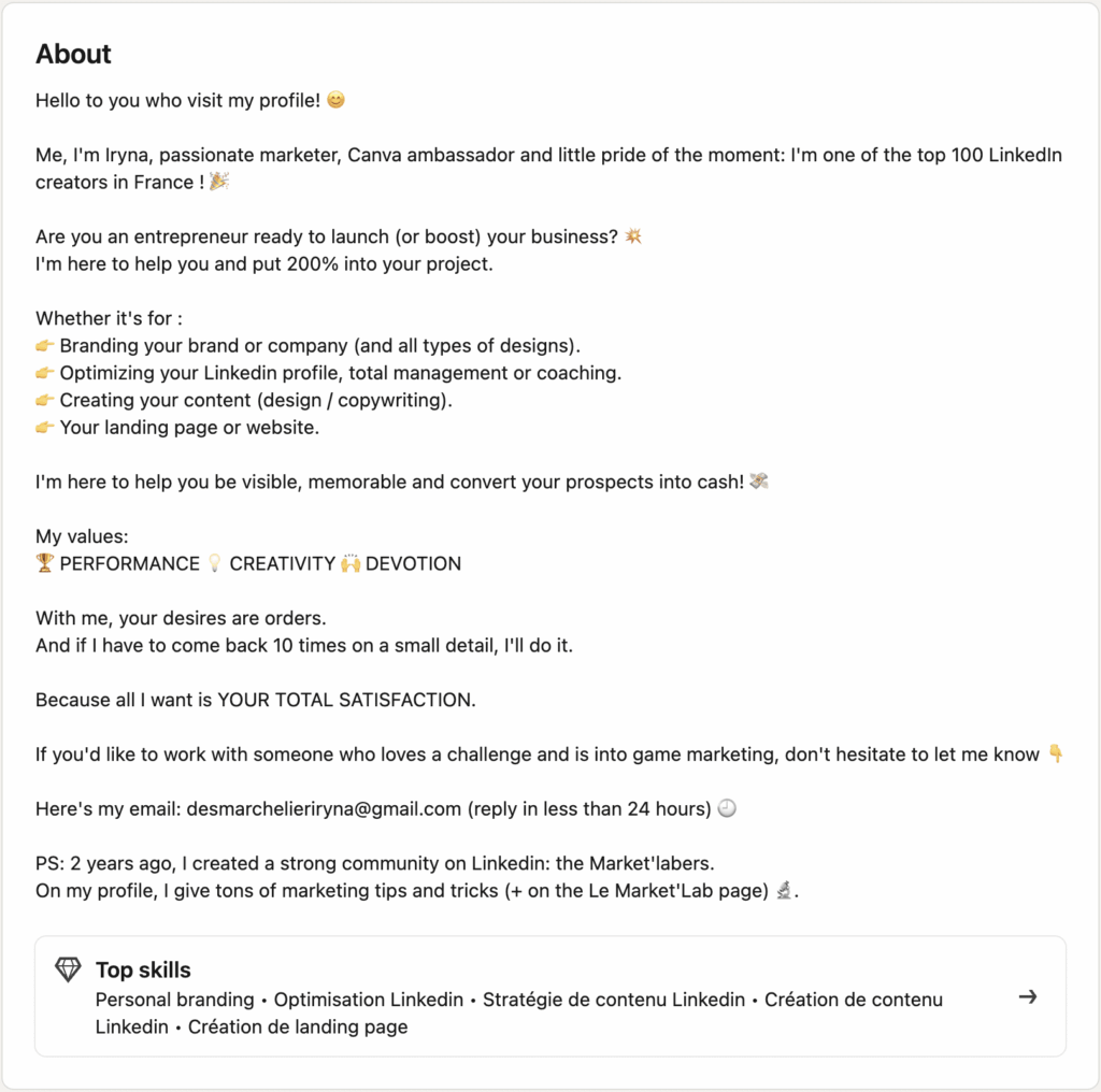 Przykład dobrego podsumowania na LinkedIn