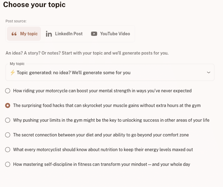 LinkedIn post generator - kawaak topics