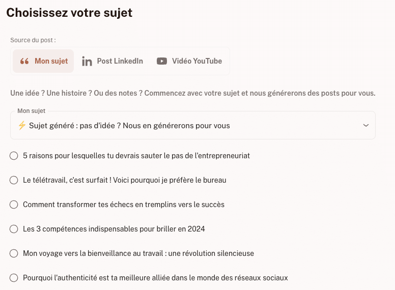 générateur de post LinkedIn - idée de sujet kawaak