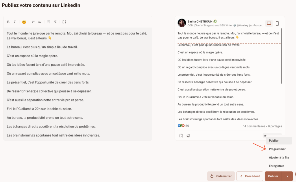 générateur de post LinkedIn - kawaak