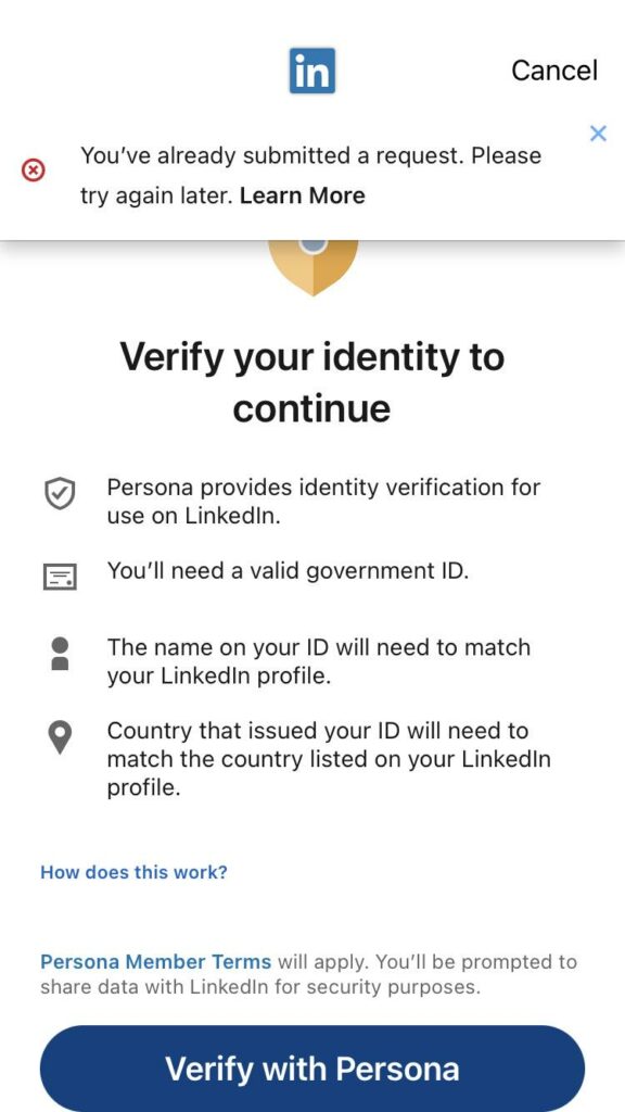 Verify LinkedIn account with Persona.