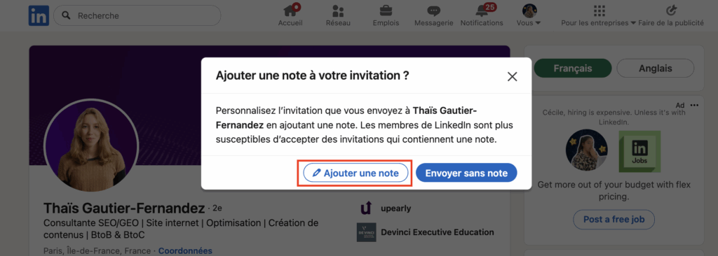 Exemple de message, ajouter une note à une invitation