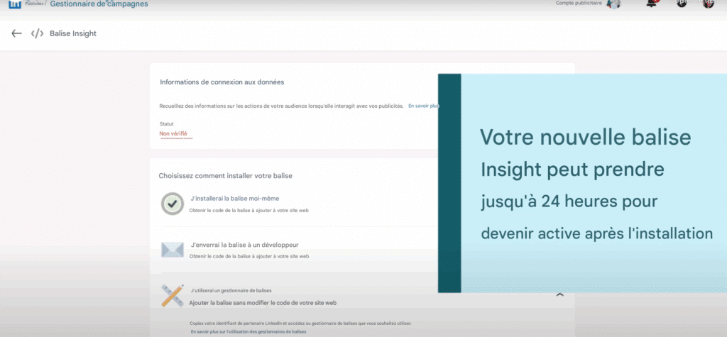 Confirmation création LinkedIn Insight Tag et ajout site web.