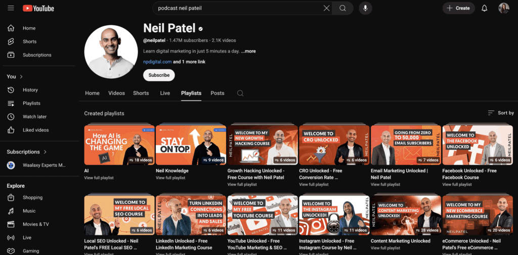 Neil Patel YouTube channel