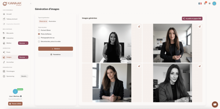 Génération de photo de profil LinkedIn avec l'outil Kawaak