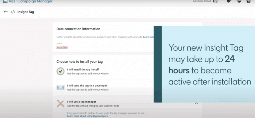 Confirmation of LinkedIn Insight Tag creation and website addition.