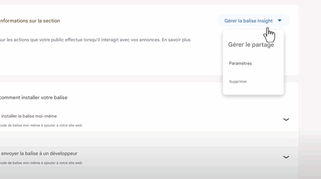 Suivi des conversions : gestion de balise et partage dans Campign Manager.