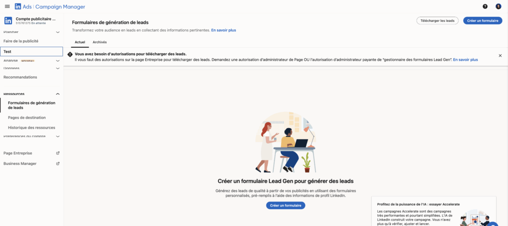 Créer formulaire lead generation LinkedIn.