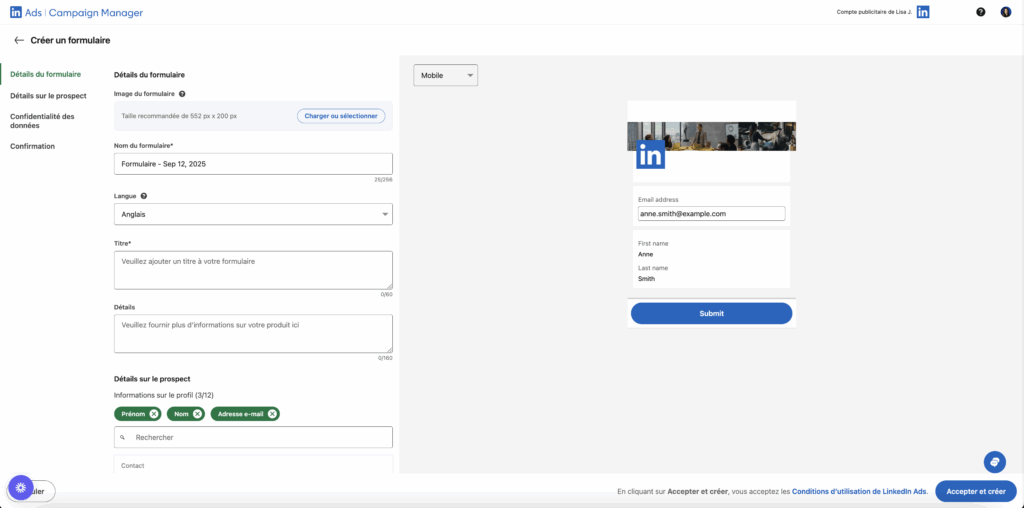 Remplir formulaire lead gen LinkedIn.