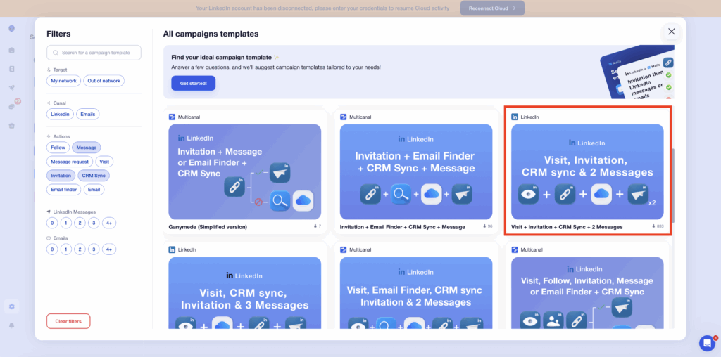 Waalaxy campaign with CRM synchronization.