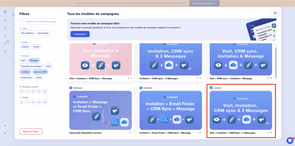 Campagne Waalaxy avec synchronisation CRM.