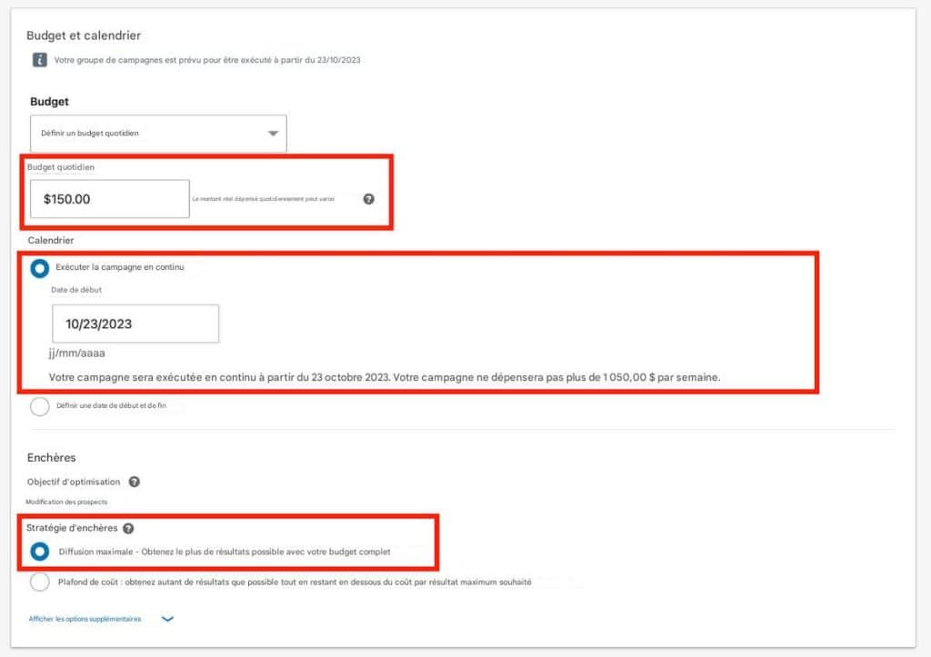 Budget et calendrier du Lead Gen Forms.