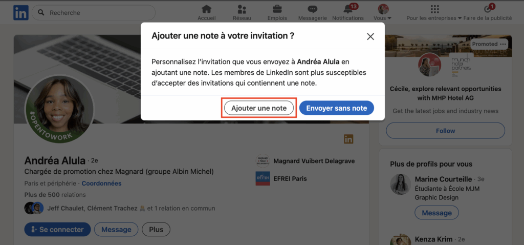 invitation LinkedIn ajouter une note d'invitation