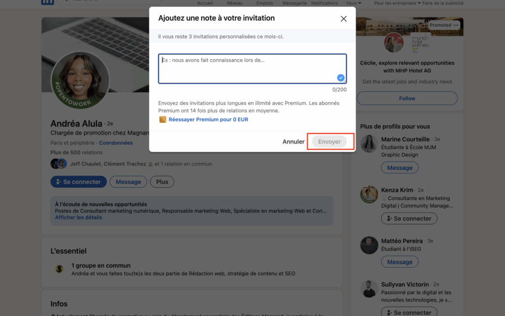 invitation LinkedIn écrire une note d'invitation