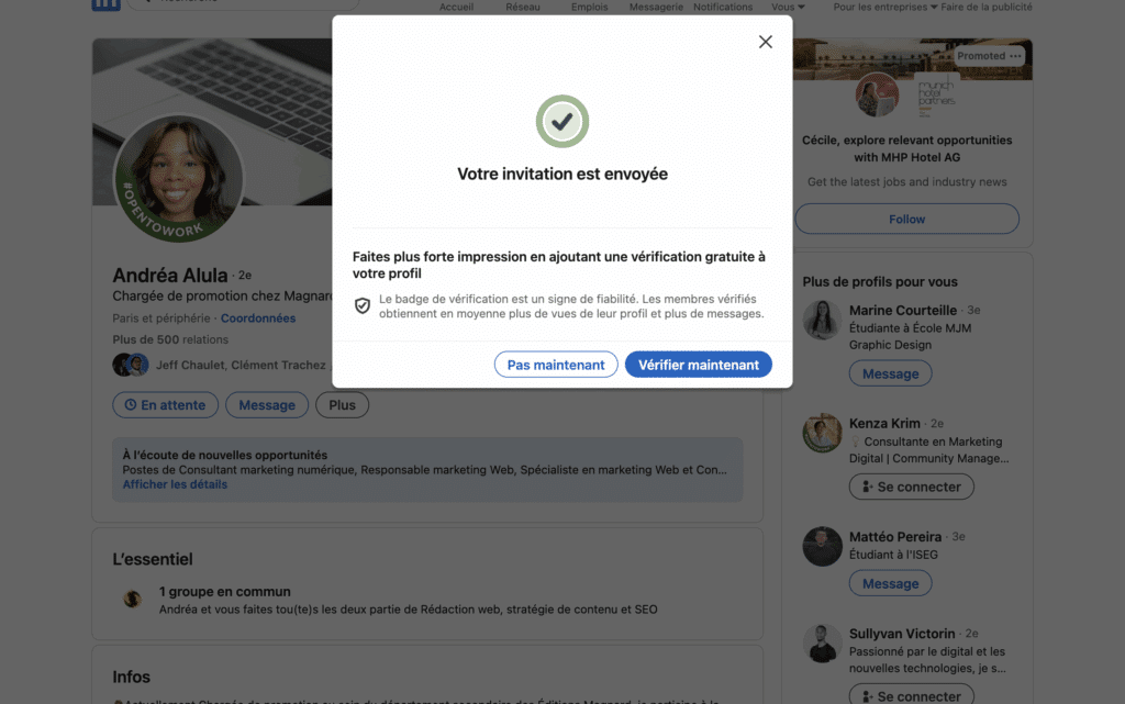 invitation LinkedIn envoyée