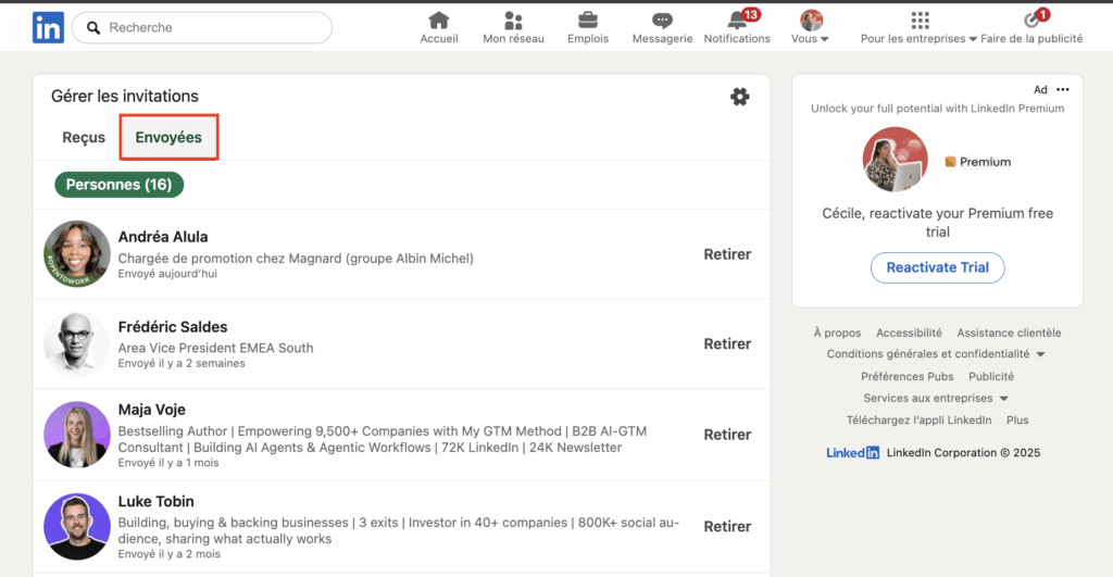 gérer les invitations LinkedIn