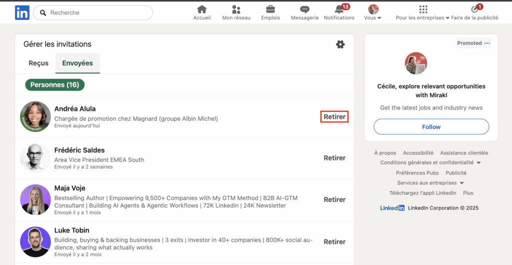 retirer une invitation LinkedIn