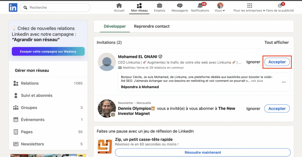 accepter une invitation LinkedIn