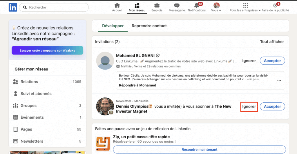 ignorer une invitation LinkedIn