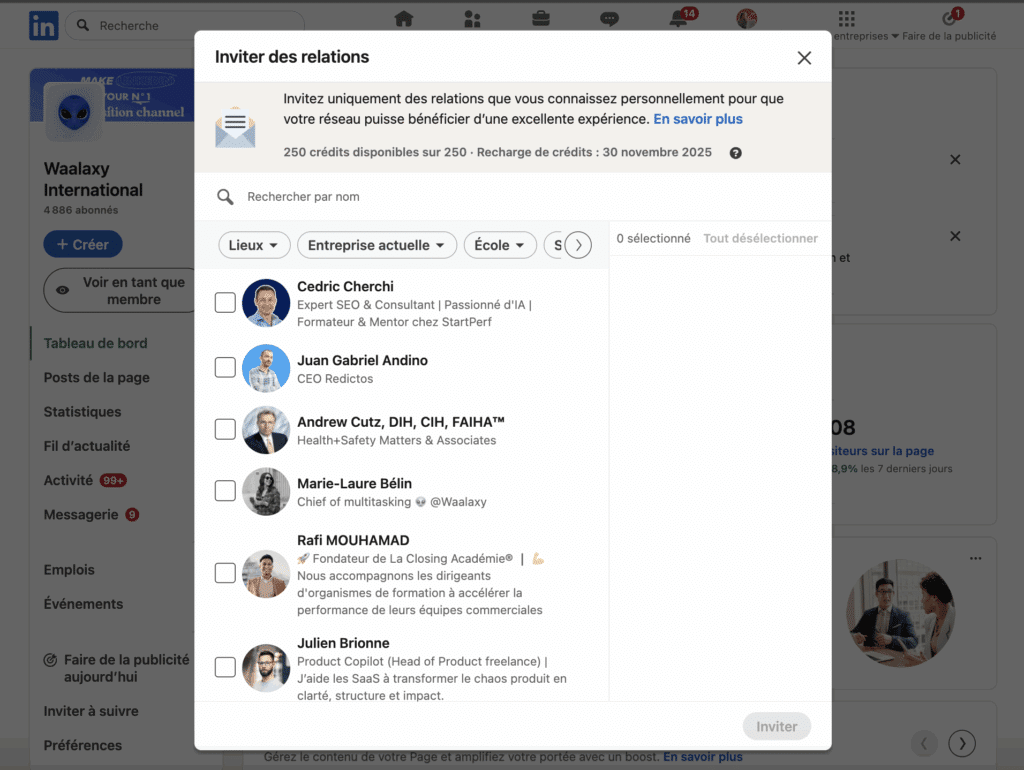 invitation de relation à une page entreprise LinkedIn