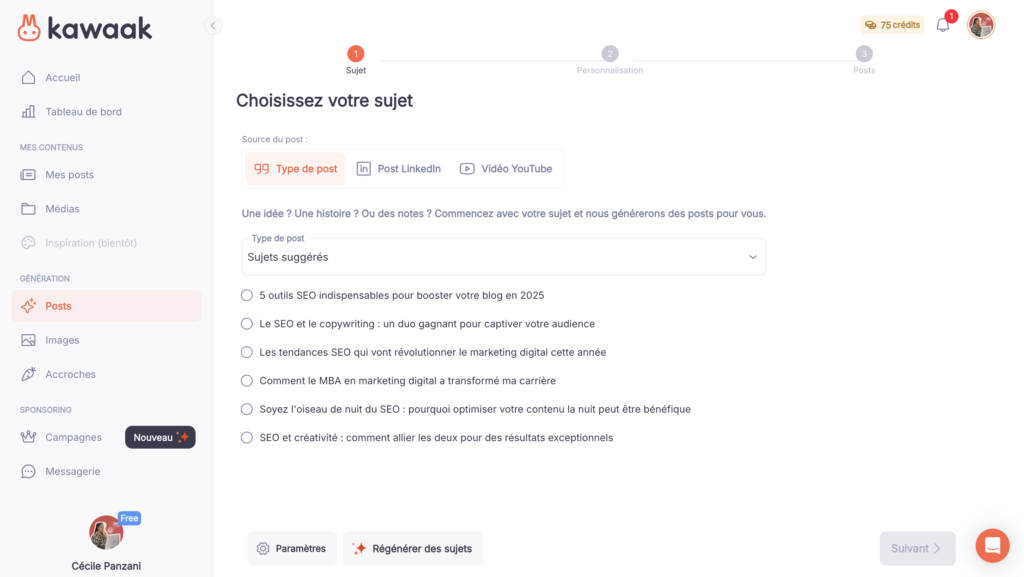 prompt post LinkedIn avec Kawaak 